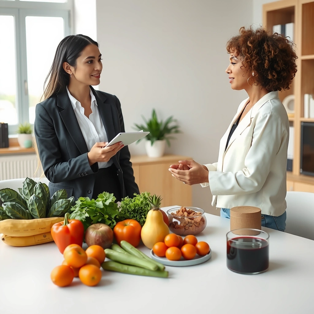 Ernährungsberaterin bei der Beratung mit frischen Zutaten