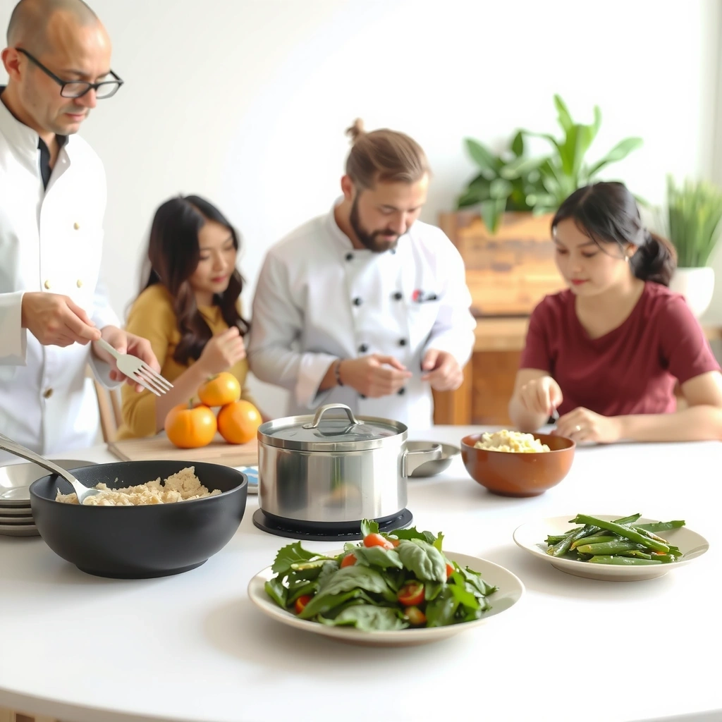 Ernährungsworkshop: Gruppe beim Kochen lernen mit frischen Zutaten