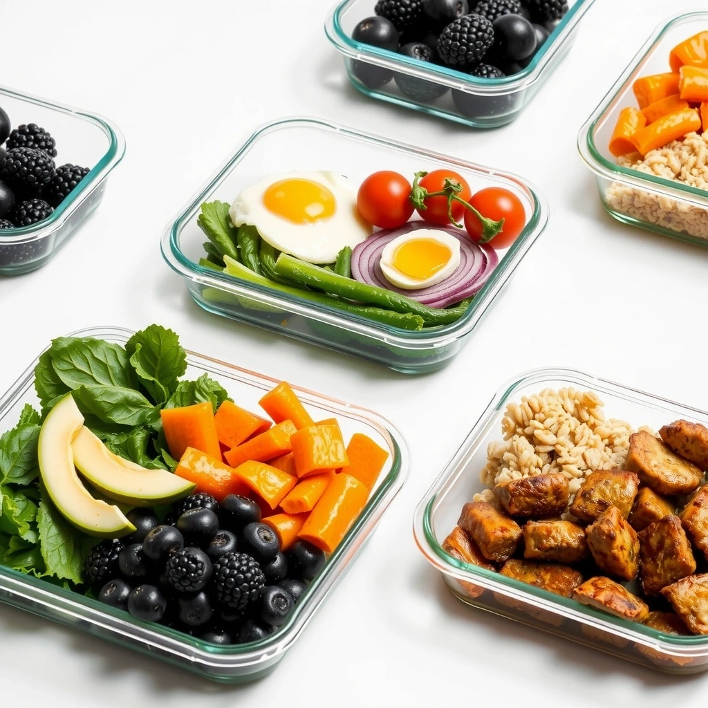 Frisch zubereitete gesunde Meal-Prep Boxen mit verschiedenen Portionsgrößen