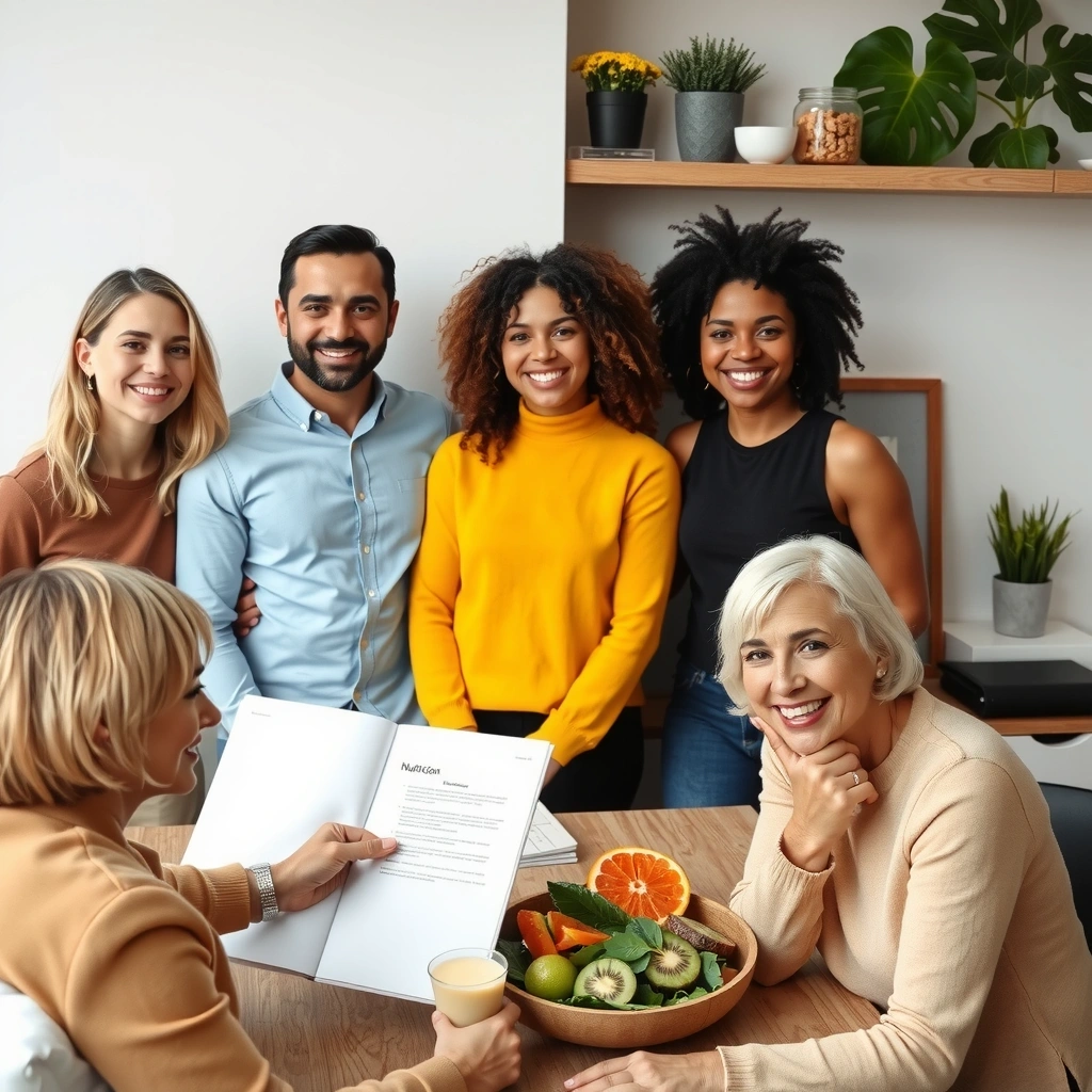 Gruppe zufriedener Kunden bei der Ernährungsberatung